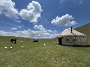 Vista con cavalli e yurte